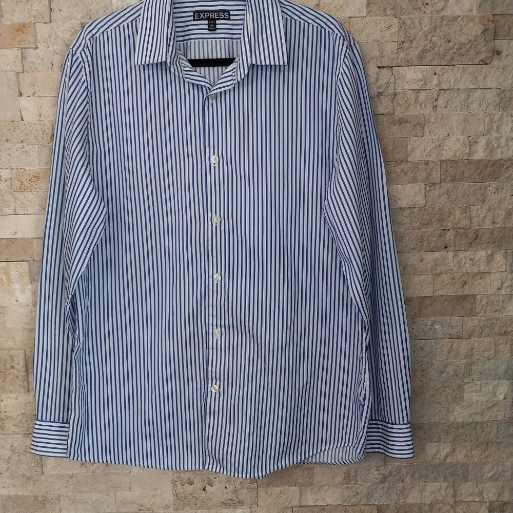 Modern Fit Dress Shirt Button Up Blue & White Stripes